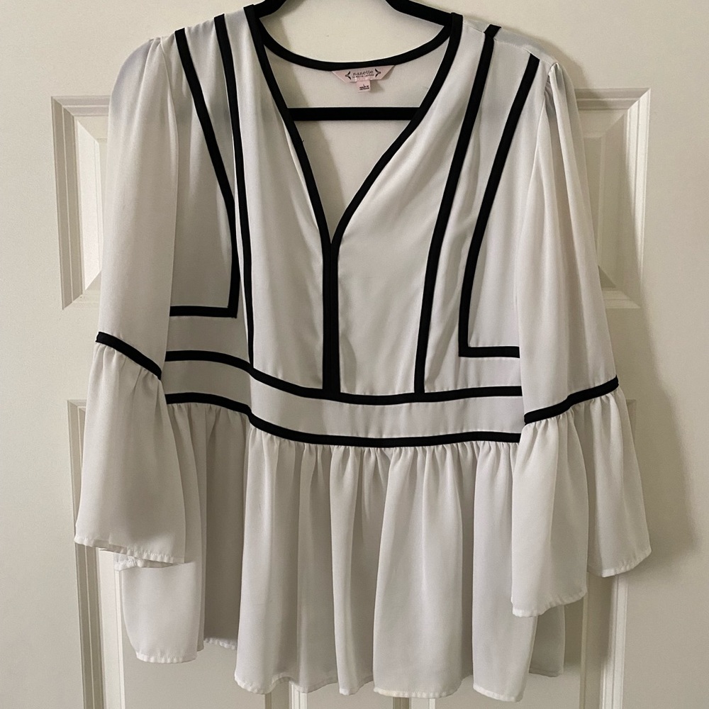 Nannette Lepore black white bell sleeve peplum blouse